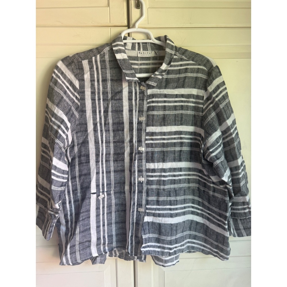 Habitat Womens XL Linen Striped Button Front Shirt Black White Mixed Stripe Top